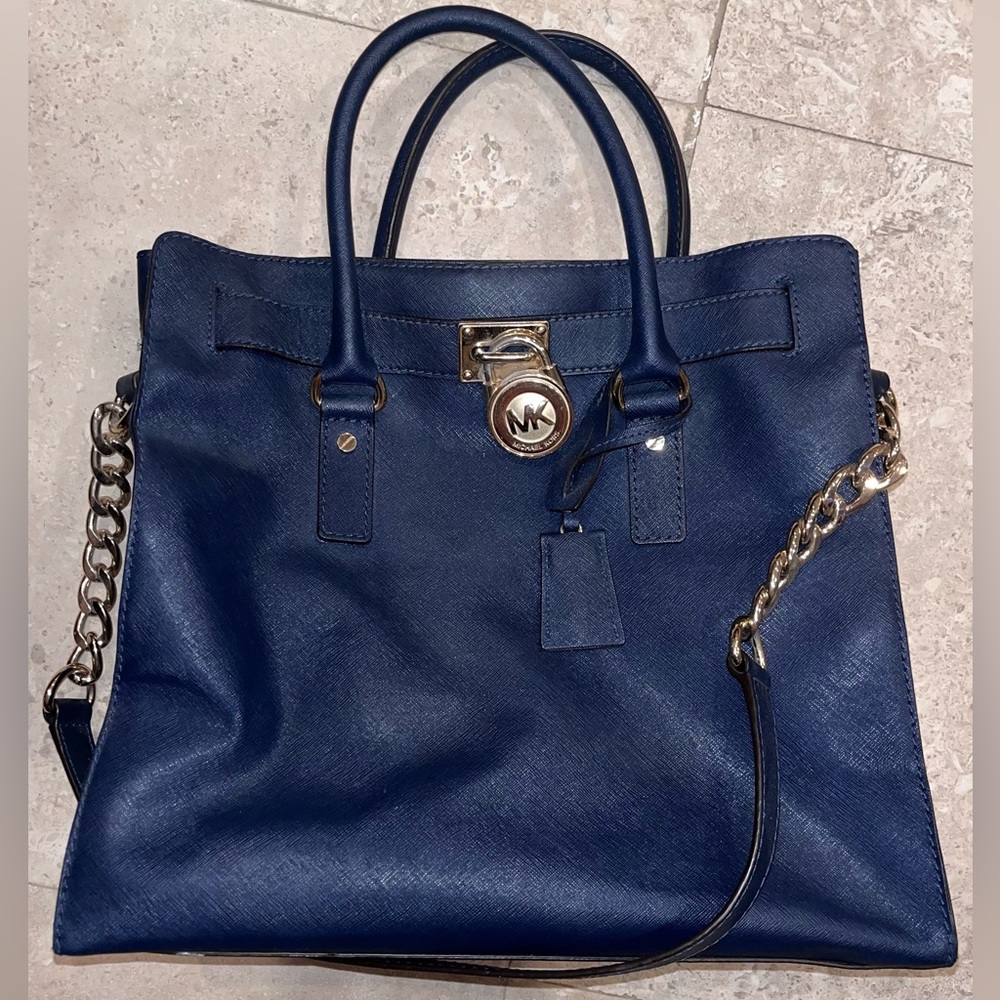 Michael Kors Hamilton Navy Blue Saffiano Satchel Shoulder Bag Large Leather Purs